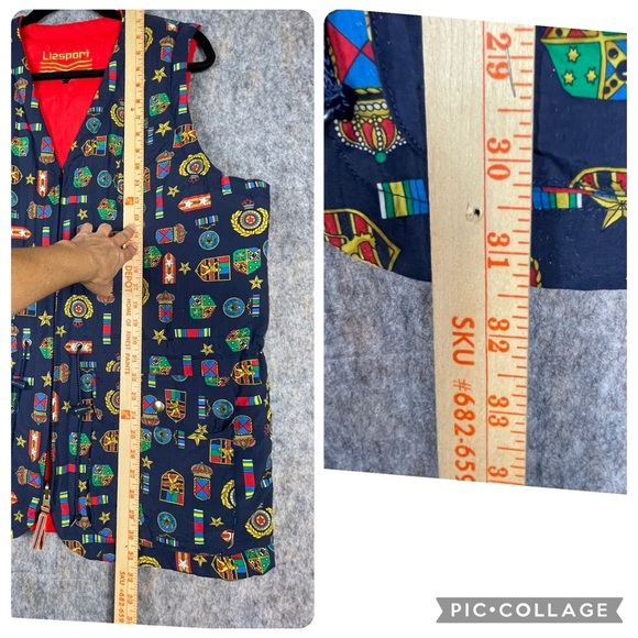 Vtg LizSport Medal Print/Red Reversible Preppy Vintage Military Zip Vest - Sz L - Picture 4 of 16
